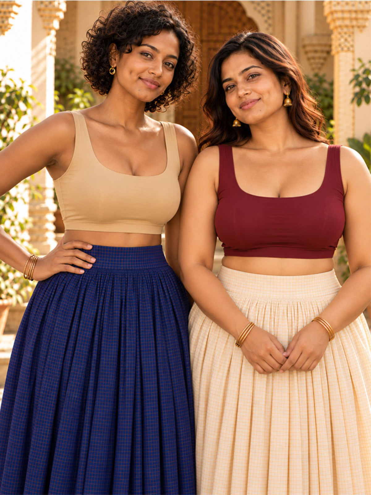 Pack of 2 Deep  Neck Sleeveless Padded Saree Blouse for Women- Skin & Maroon | Wire-Free | Viscose Spandex | Full Coverage |