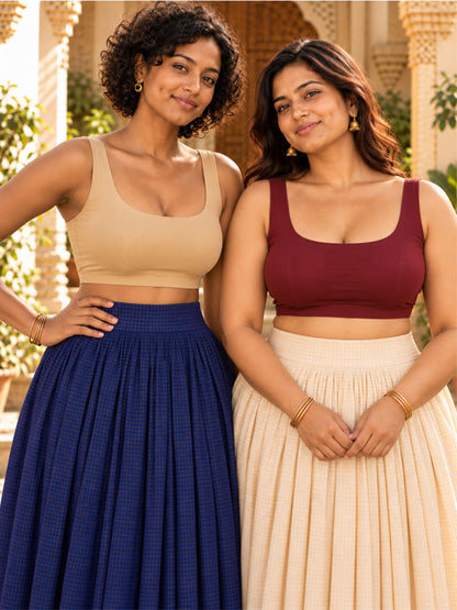 Pack of 2 Deep  Neck Sleeveless Padded Saree Blouse for Women- Skin & Maroon | Wire-Free | Viscose Spandex | Full Coverage |