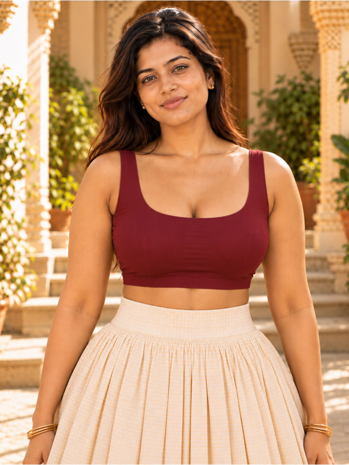 Pack of 2 Deep  Neck Sleeveless Padded Saree Blouse for Women- Skin & Maroon | Wire-Free | Viscose Spandex | Full Coverage |