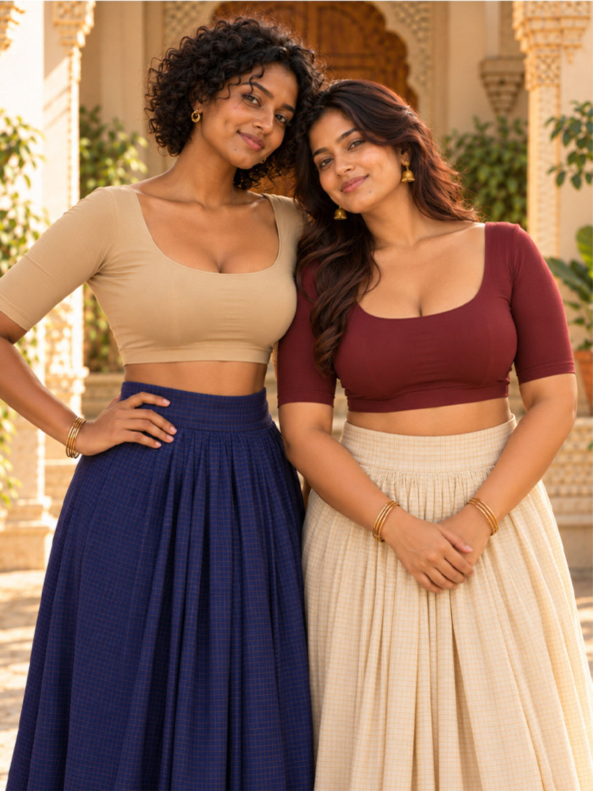 Pack of 2 Deep Neck Padded Half Sleeve Wire-Free Viscose Spandex  Women - Skin & Maroon Saree Blouse