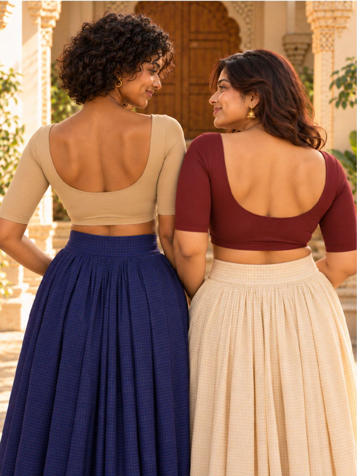 Pack of 2 Deep Neck Padded Half Sleeve Wire-Free Viscose Spandex  Women - Skin & Maroon Saree Blouse