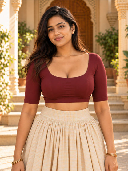 Pack of 2 Deep Neck Padded Half Sleeve Wire-Free Viscose Spandex  Women - Skin & Maroon Saree Blouse