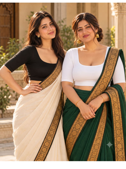 Pack of 2 Deep Neck Padded Half Sleeve Wire-Free Viscose Spandex  Women - White & Black Saree Blouse
