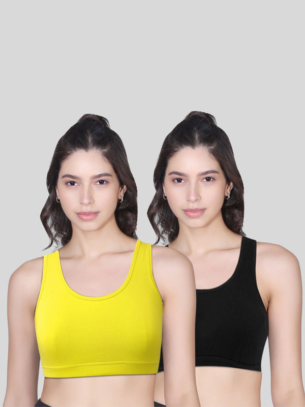 DOUBLE-LAYER BROAD STRAP COTTON SPORTS BRA | NON PADDED BEGINNER BRA FOR YOUNG WOMEN | NEON GREEN & BLACK PACK OF 2 - D'chica