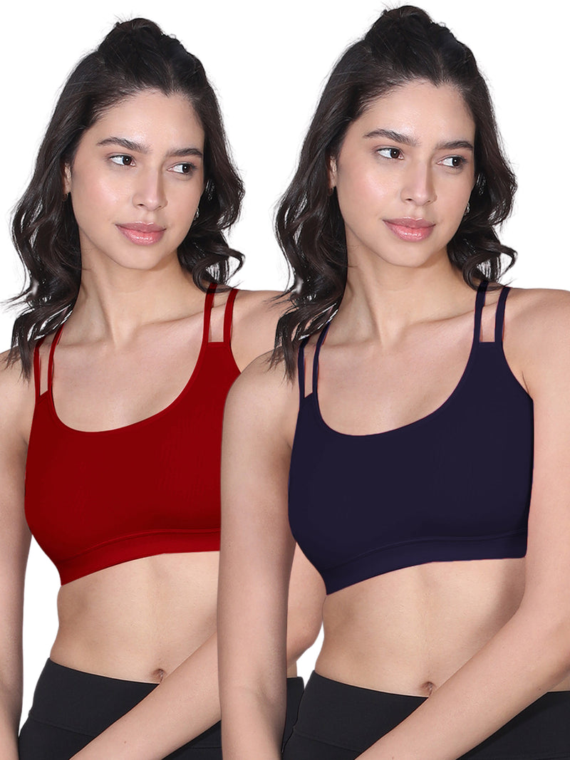 Criss Cross Back Cotton Sports Bra For Girls | Removable Pads | Elasticated Underband | Good Support | Full Coverage Bra Pack Of 2 | Maroon & Navy Blue Workout Bra