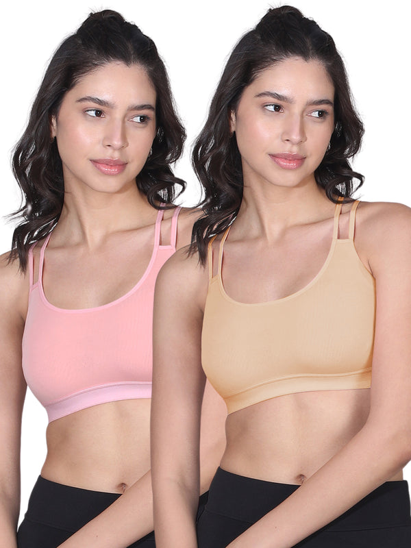 Criss Cross Back Cotton Sports Bra For Girls | Removable Pads | Elasticated Underband | Good Support | Full Coverage Bra Pack Of 2 | Light Pink & Skin Workout Bra