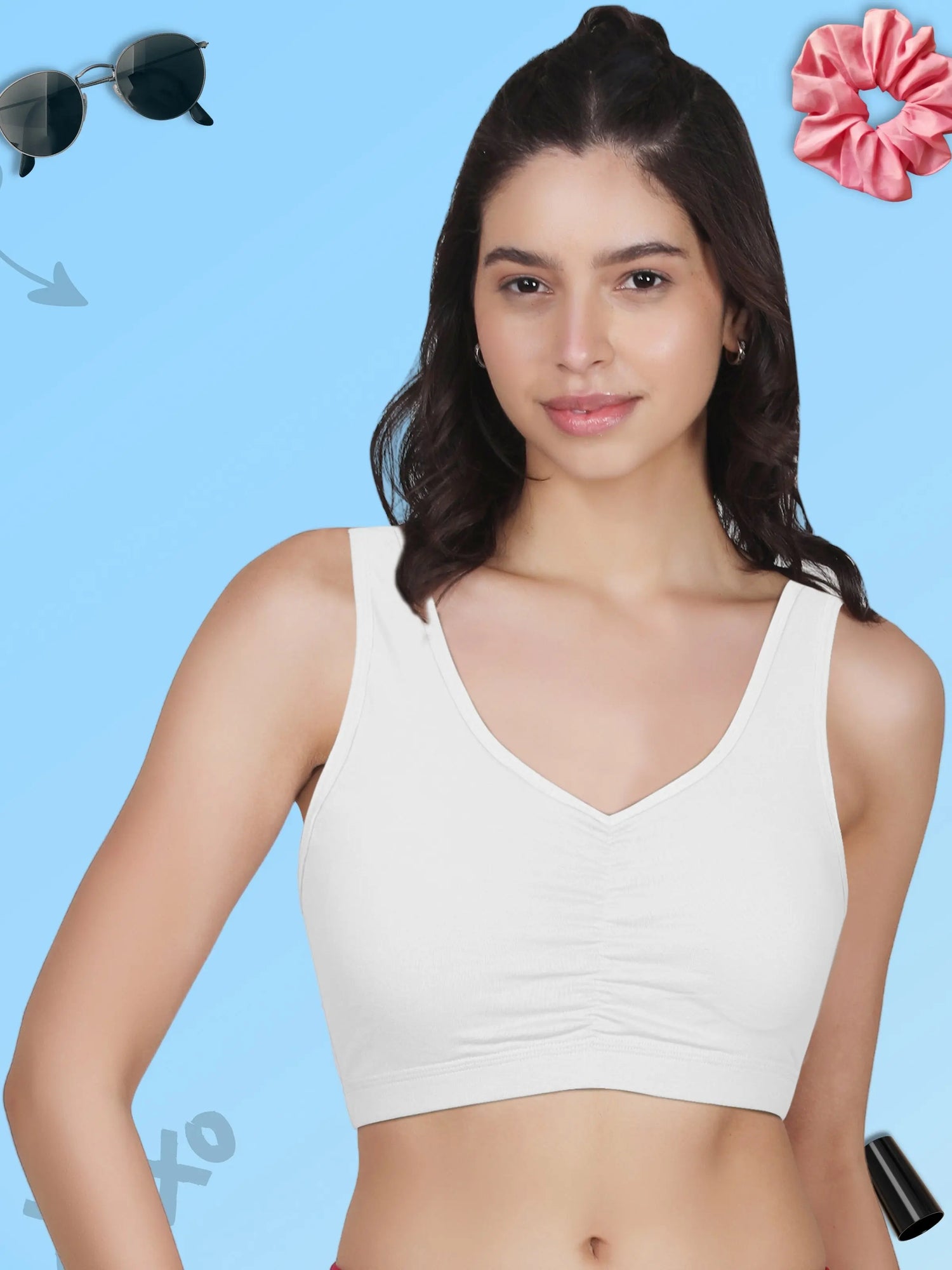 Broad Strap Cotton Gathers Bra | Elasticated Underband | Removable Pads | Full Coverage