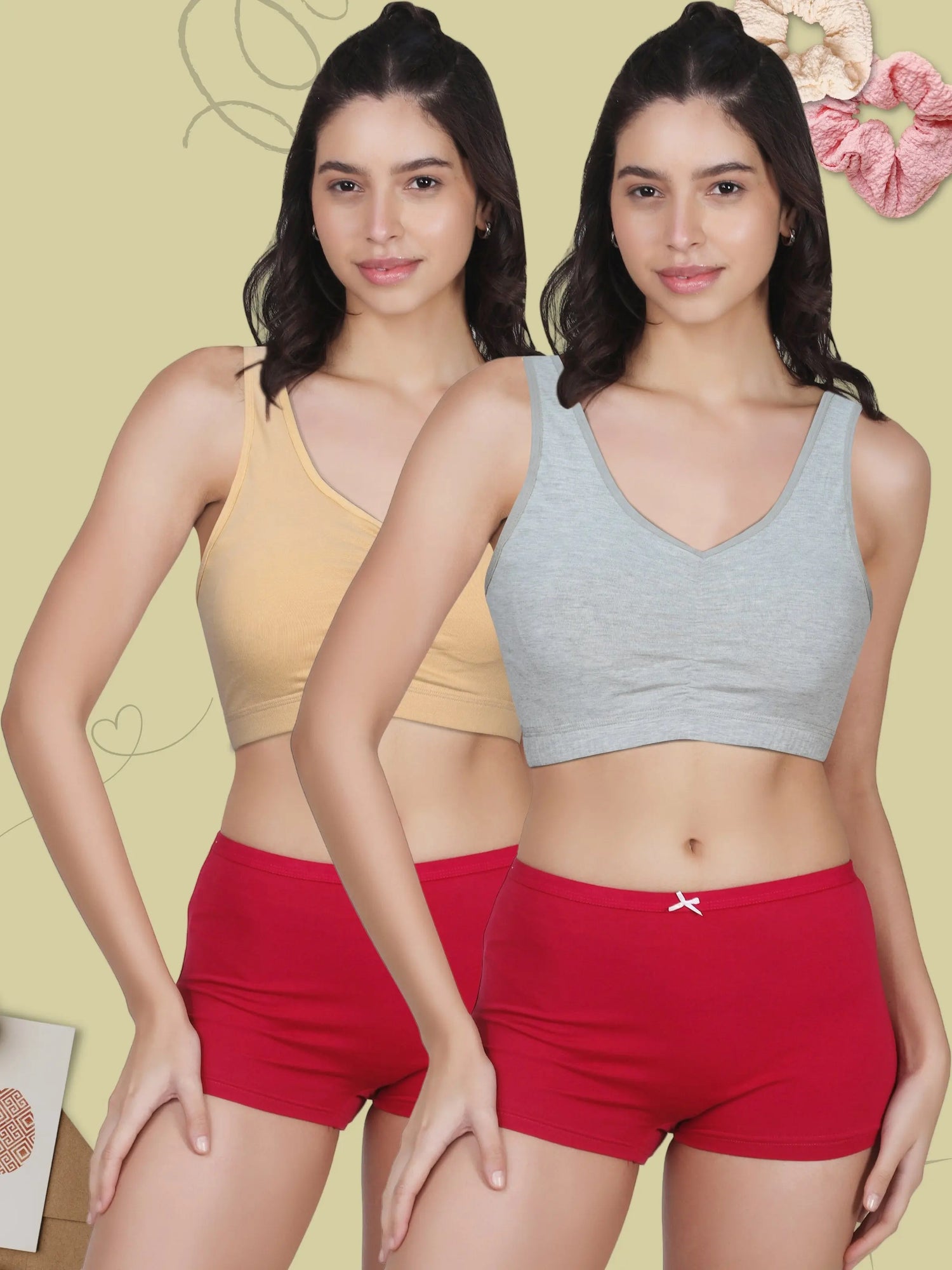 Broad Strap Cotton Gym Bra for Women  | Removable Pads | Elasticated Underbrand | Good Support | Full Coverage Pack of 2 | Grey & Skin Sports Bra