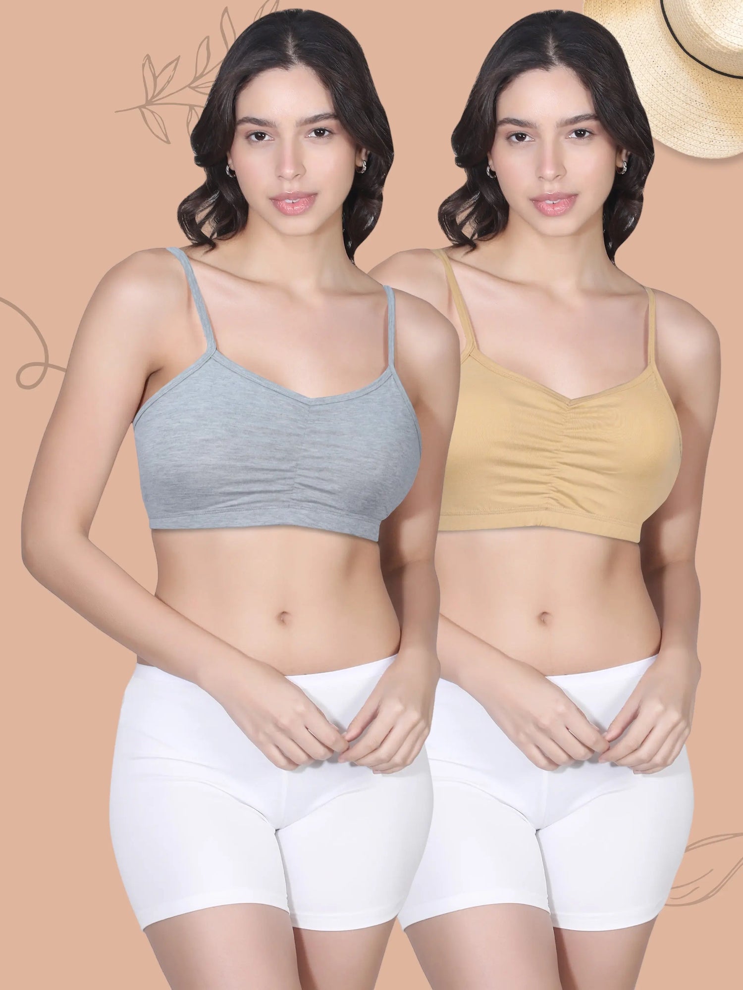 Thin Strap Cotton Gathers Bra Removable Pads