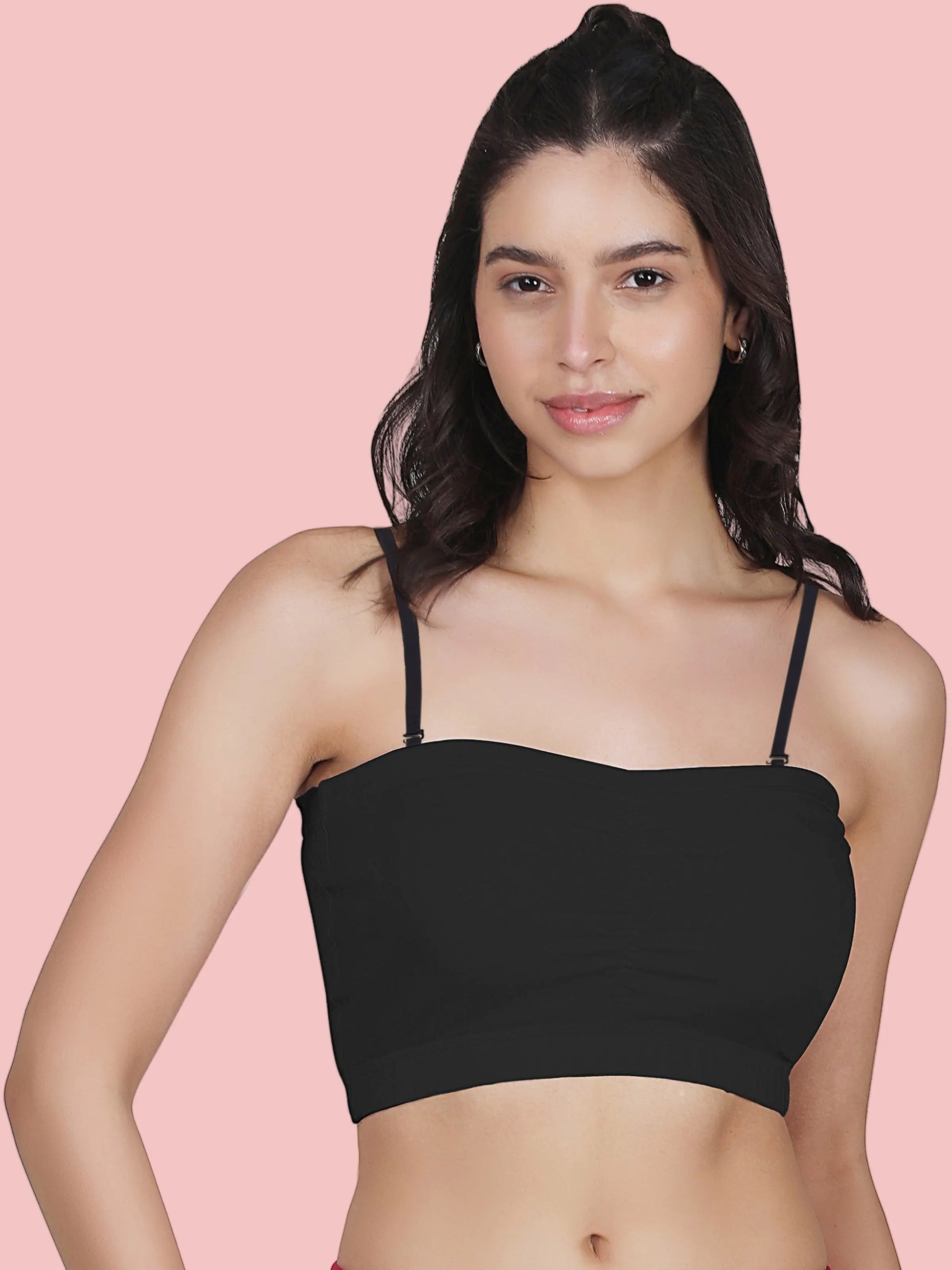D'CHICA Essentials pack tube bra bra strap Cotton Bandeau Bra With Removable Pads For Womens| Black Tube Top With Straps S Black