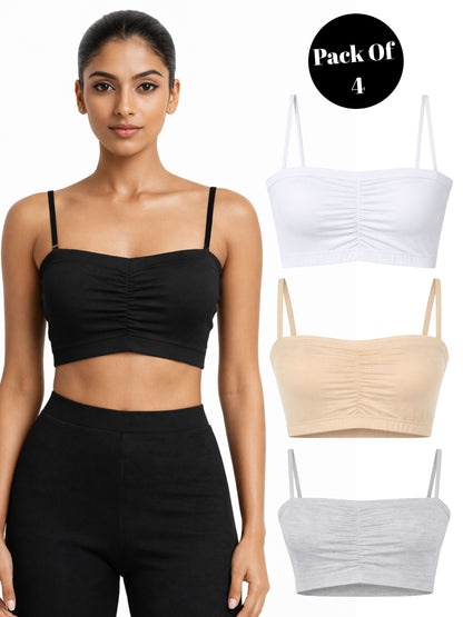 Dchica Essentials Pack of 4  Thin Strap Cotton Padded Sports Bra  for Womens  | Removable Pads | Elasticated Underbrand | Good Support | Full Coverage