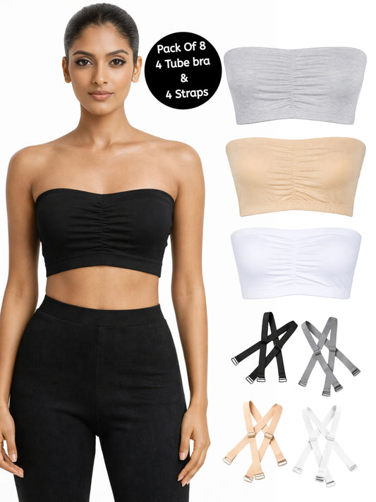 Dchica Essentials Pack of 8 Cotton Strapless Tube Bra For Womens| Bandeau Bra With Removable Pads |Tube Top With Straps