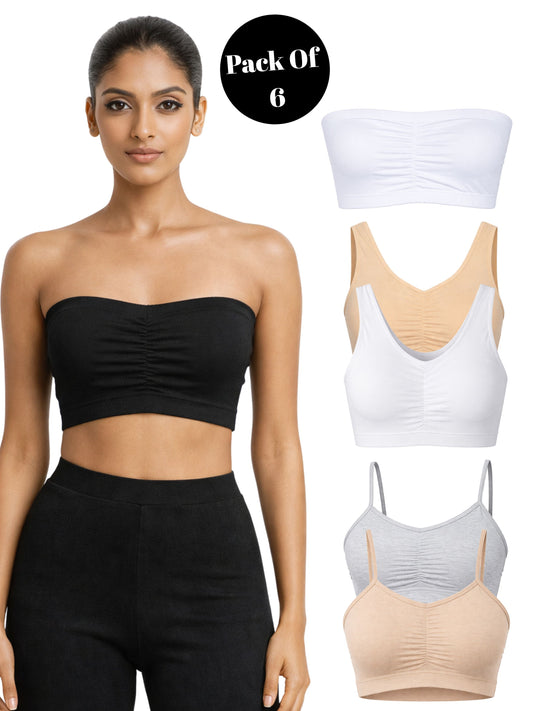 Dchica Essentials Pack of 6  Cotton Padded Sports Bra  for Womens  | Removable Pads | Elasticated Underbrand | Good Support | Full Coverage