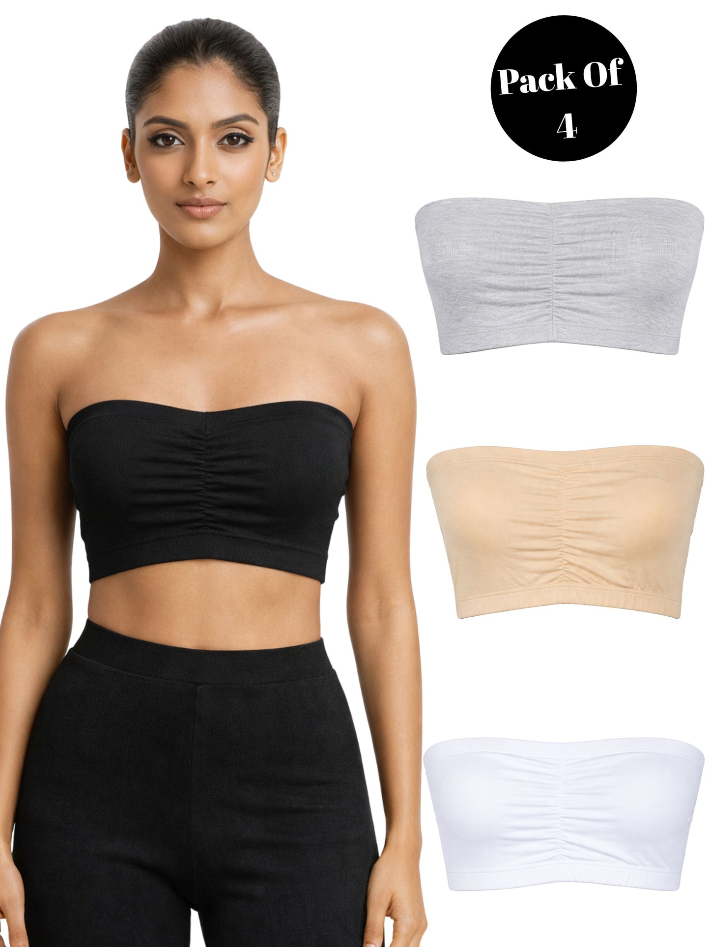 Dchica Essentials Pack of 4 Cotton Strapless Tube Bra For Womens| Bandeau Bra With Removable Pads