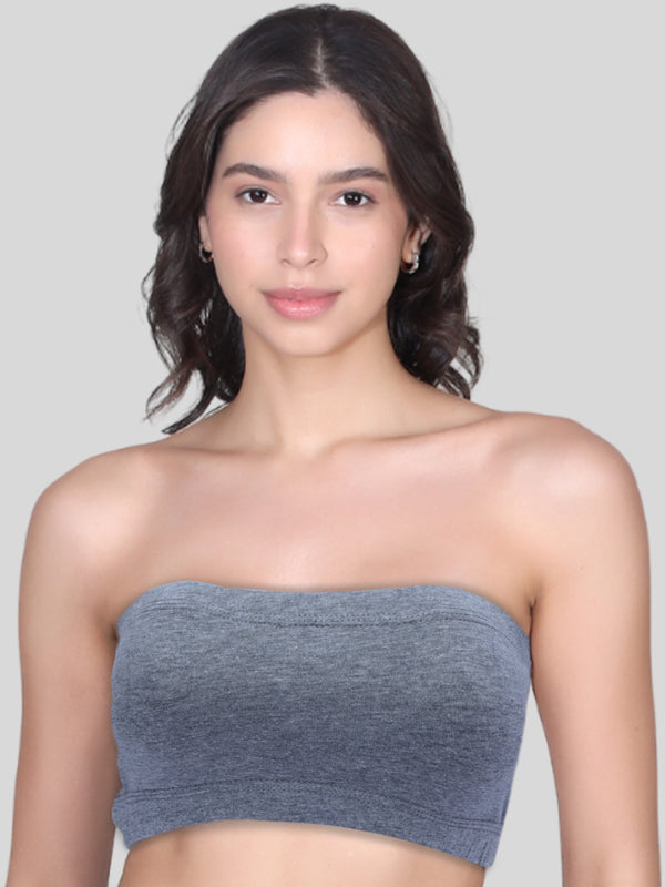 Double-layer Cotton Strapless Bras For Young Women  | Non Padded Bandeau Bra | Solid Grey Bra Pack of 1