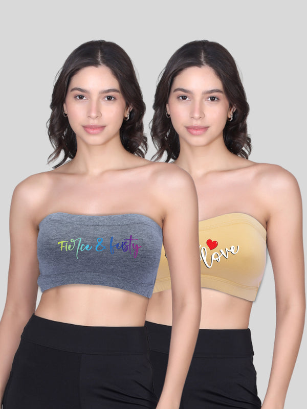 Double-layer Cotton Strapless Bras | Non Padded Bandeau Bra For Young Women | Printed Skin & Grey Bra Pack of 2