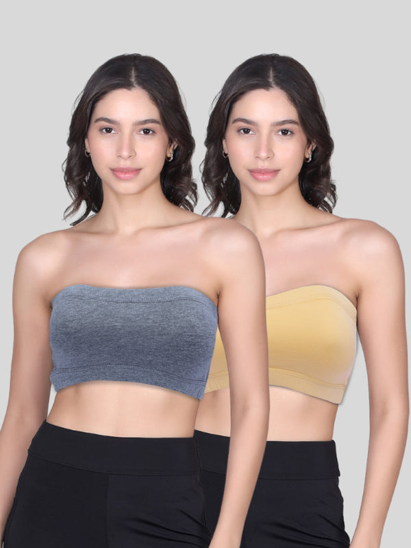 Double-layer Cotton Strapless Bras For Young Women | Non Padded Bandeau Bra | Solid Skin & Grey Bra Pack of 2