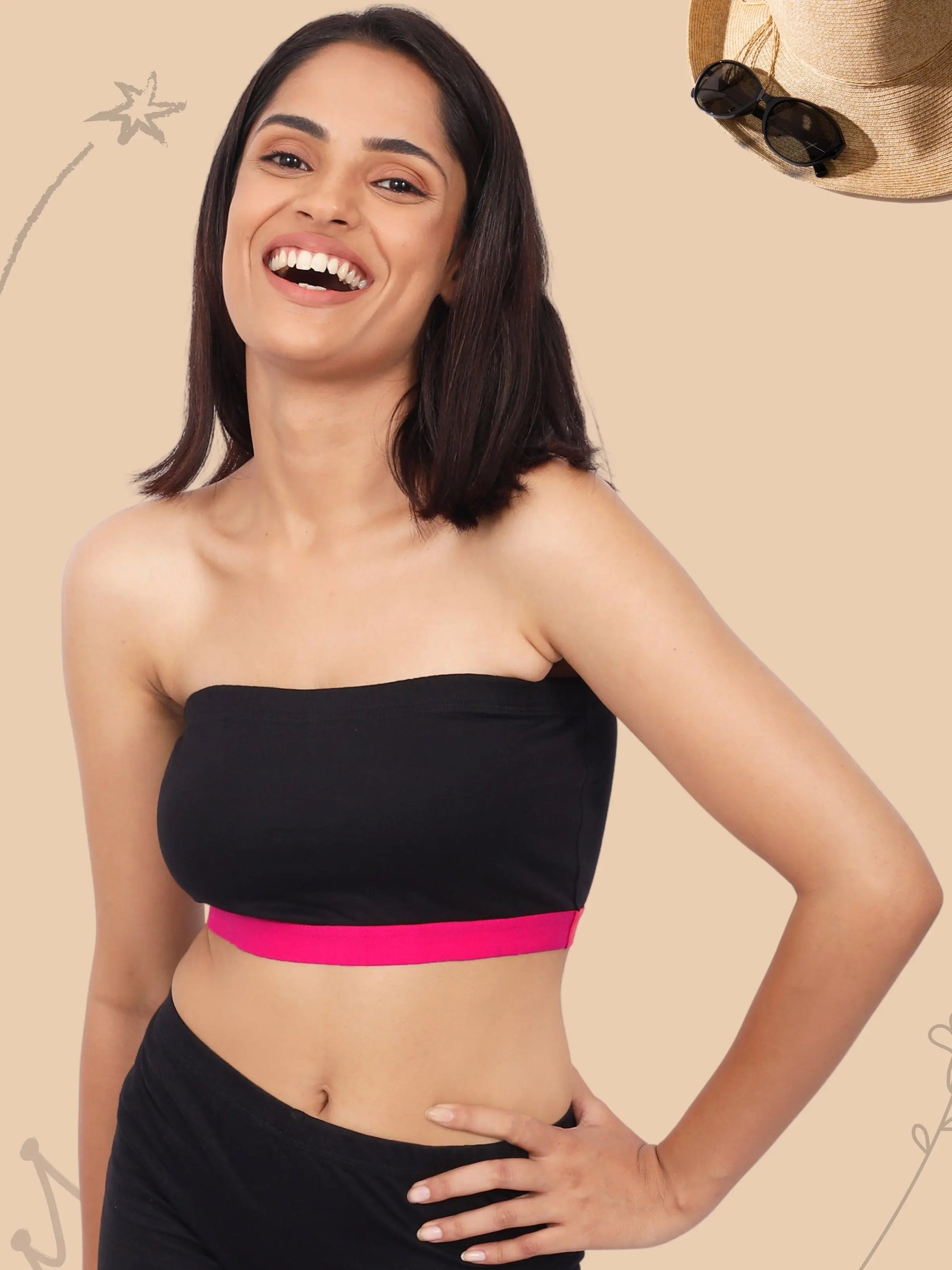 D'CHICA Essentials Double-layer Cotton Strapless Bra Non Padded Bandeau Solid Black XXXS Black