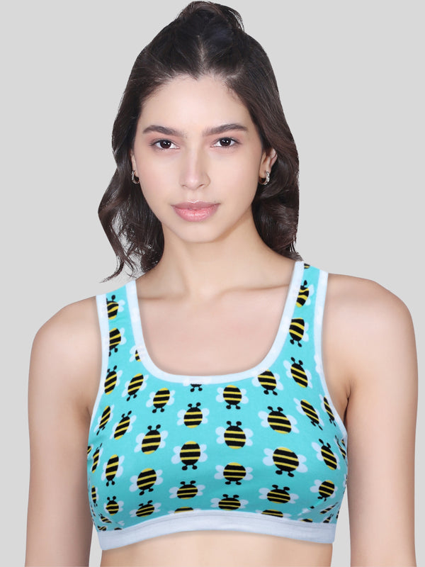 Single-layer Broad Strap Cotton Sports Bra | Non Padded Bra For Women | Bee Printed Bra Pack of 1