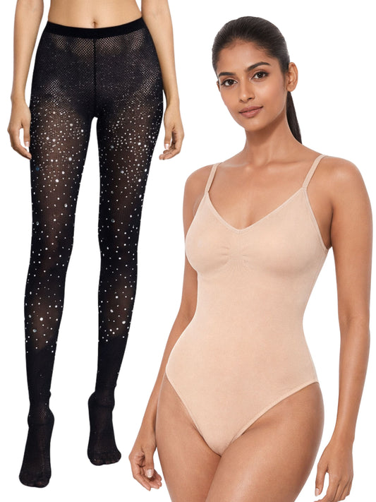 D’chica Essentials  Pack of 2 Comfort Shaping Bodysuit & Rhinestone Stockings Set