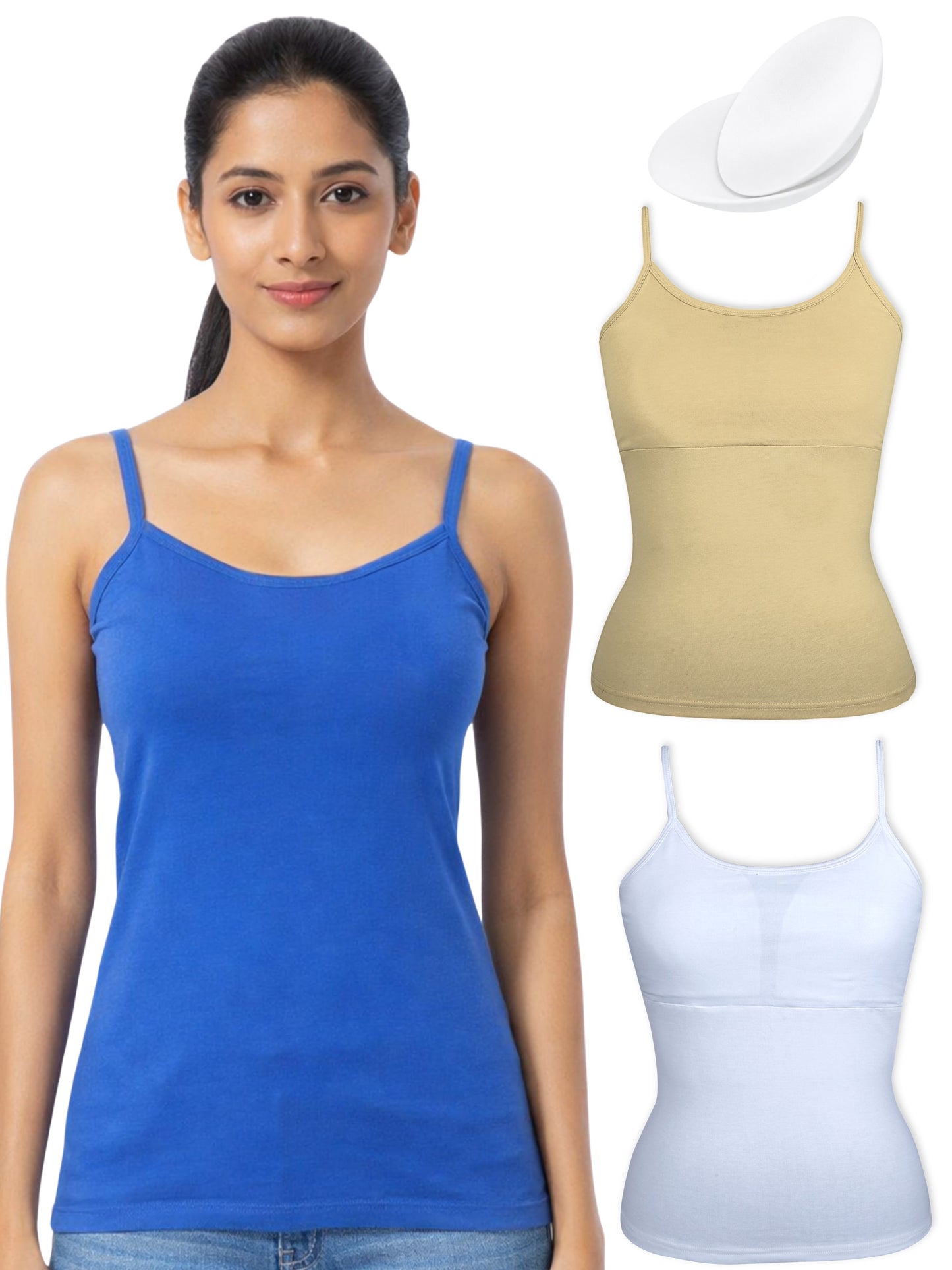 Pack of 3 | Skin Tone | White | Blue | Cup Padded Cotton High Coverage Camisole Bra with Adjustable Strap | Dchica Essentials
