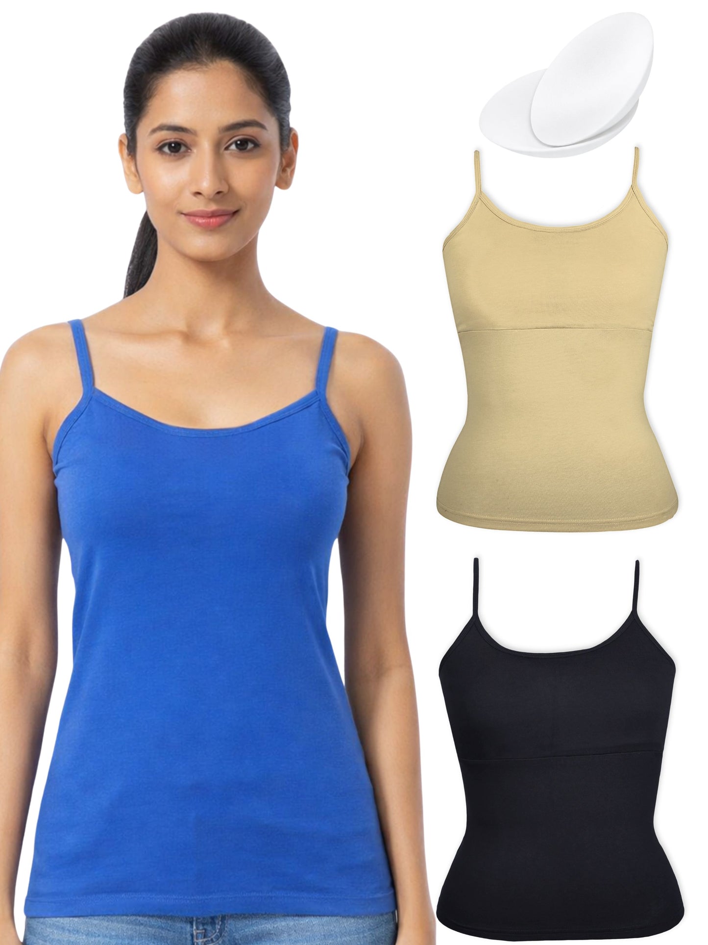 Pack of 3 | Skin Tone | Black | Blue | Cup Padded Cotton High Coverage Camisole Bra with Adjustable Strap | Dchica Essentials