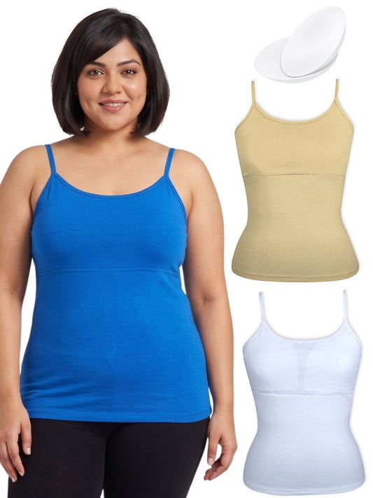 Skin, Blue & White  High Coverage Cotton Camisole Bra With Adjustable Strap For Girls & Women | Pack of 2