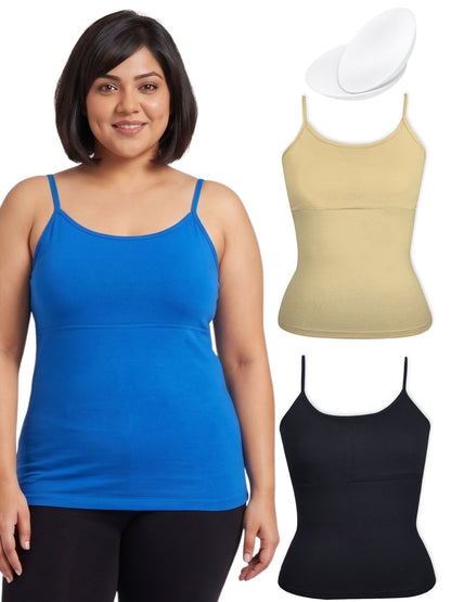 Skin, Blue & Black Tone High Coverage Cotton Camisole Bra With Adjustable Strap For Girls & Women | Pack of 2