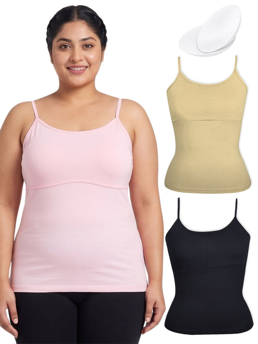 Skin, Pink & Black High Coverage Cotton Camisole Bra With Adjustable Strap For Girls & Women | Pack of 2