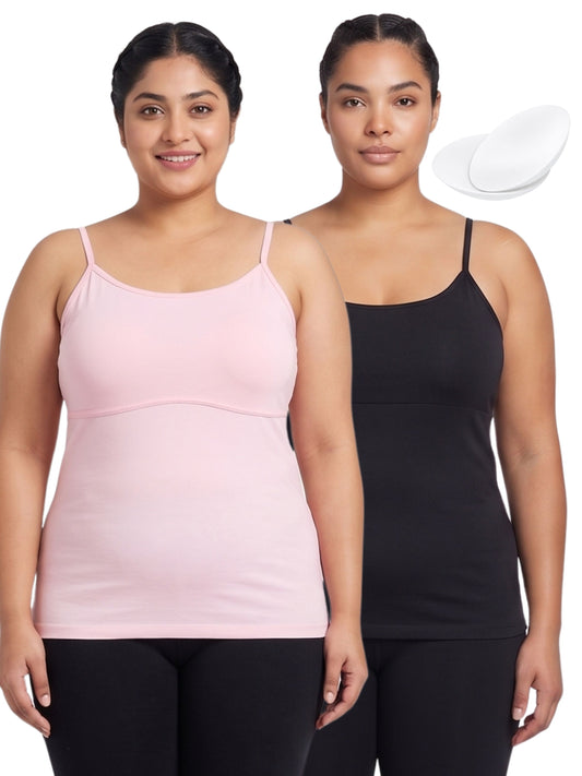 Pink & Black  High Coverage Cotton Camisole Bra With Adjustable Strap For  Girls & Women | Pack of 2