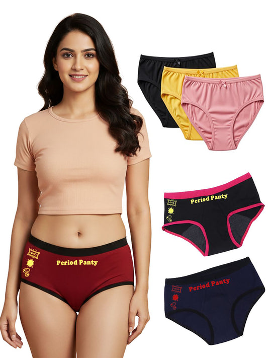 D’CHICA Essentials Pack of 6 Cotton Hipster Panties & Period Panties Combo | Breathable Cotton | Leak-Proof, Rash-Free, Reusable | Assorted Colors