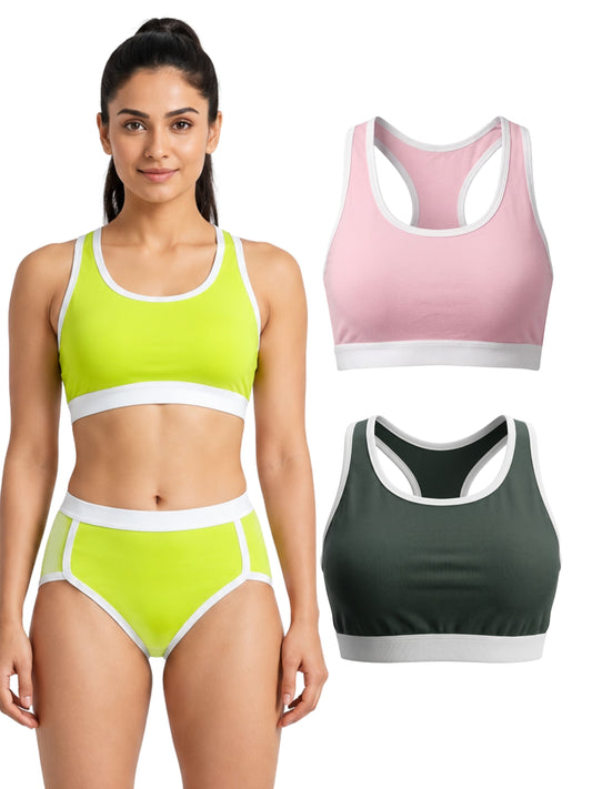 Pack-of-3-Quick-Dry-Breathable-Black,-Pink-&-Neon-Green-Colour-Mesh-Foam-Padded-Sports-Bra
