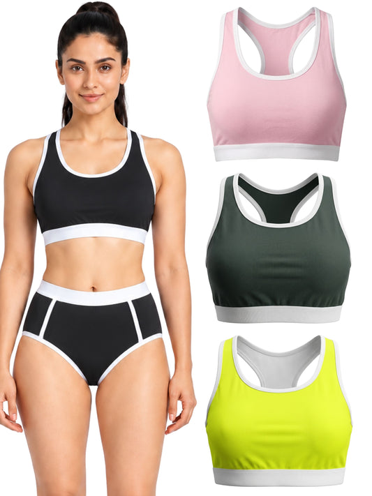 Pack-of-4-Quick-Dry-Breathable-Black,-Neon-Green,-Pink-&-Black-Colour-Mesh-Foam-Padded-Sports-Bra