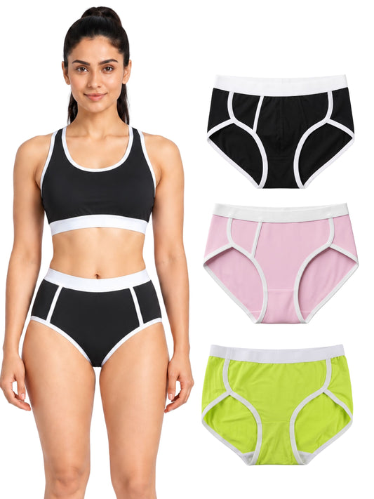 Pack-of-4-Antimicrobial-Pink,-Black,-Neon-Green-&-Black-colour-Quick-Dry-Mesh-Gym-Panty-Women's-Sports-Panties-Ñ-Mesh-Breathable,-Antimicrobial-Cotton-Gusset