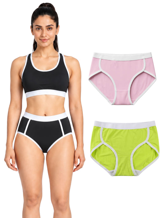 Pack-of-3-Antimicrobial-Pink,-Black-&-Neon-Green-colour-Quick-Dry-Mesh-Gym-Panty-Women's-Sports-Panties-Ñ-Mesh-Breathable,-Antimicrobial-Cotton-Gusset