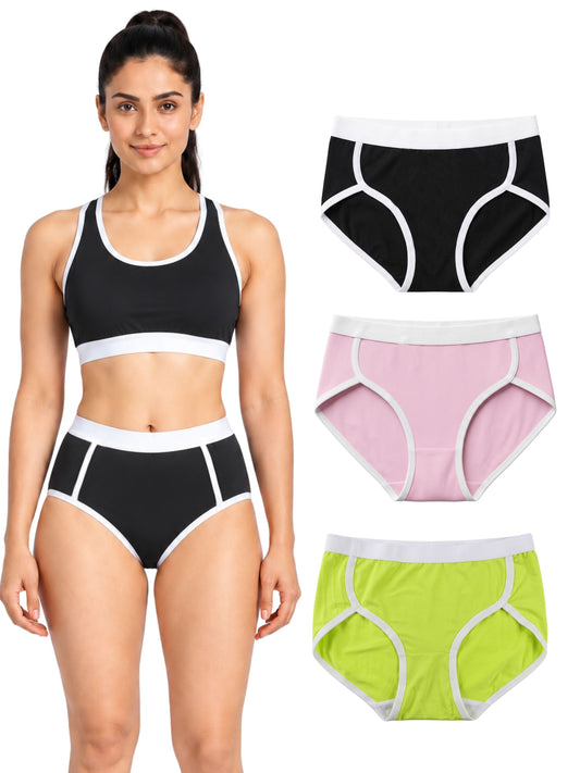 Pack-of-4-Antimicrobial-Pink,-Black,-Neon-Green-&-Black-colour-Quick-Dry-Mesh-Gym-Panty-Women's-Sports-Panties-Ñ-Mesh-Breathable,-Antimicrobial-Cotton-Gusset
