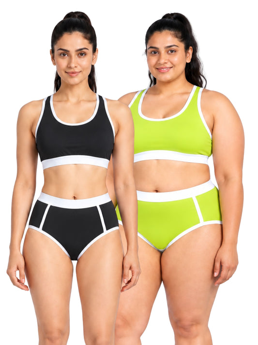 Pack-of-4-Breathable-Black-&-Neon-Green-Colour-Quick-Dry-Mesh-Foam-Padded-Sports-Bra-&-Panty-Set-(1-Bras-+-1-Panties)