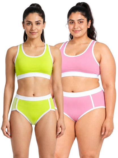 Pack-of-2-Breathable-Neon-Green-&-Pink-Colour-Quick-Dry-Mesh-Foam-Padded-Sports-Bra-&-Panty-Set-(1-Bras-+-1-Panties)