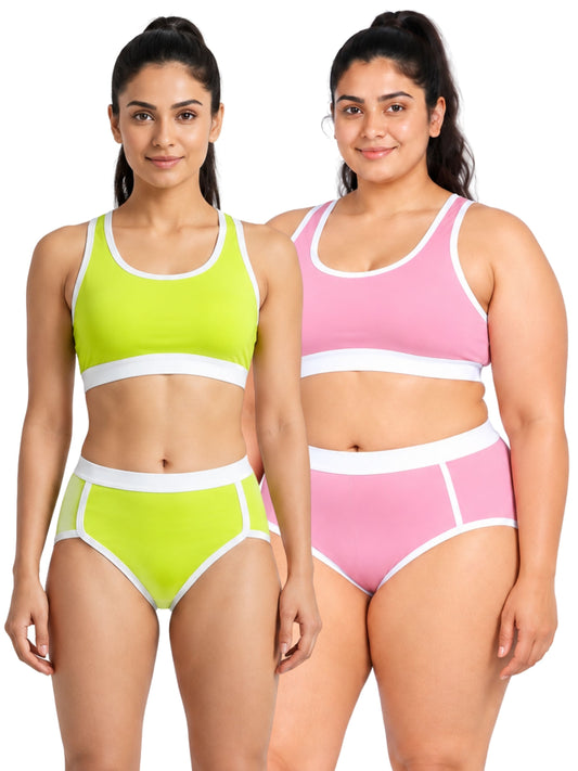 Pack-of-2-Breathable-Neon-Green-&-Pink-Colour-Quick-Dry-Mesh-Foam-Padded-Sports-Bra-&-Panty-Set-(1-Bras-+-1-Panties)
