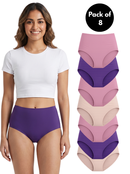 Pack of 8 | High Waist Antimicrobial Ice Silk Seamless Shaping Panty Assorted for Women | Dchica Essentials