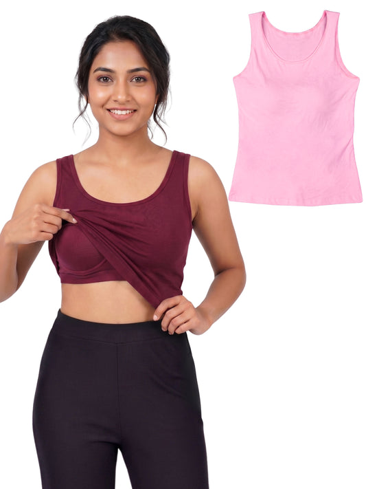 Pack of 2 | Soft & Supportive Fit for Daily Wear | Padded Tank Top For Women's Maroon & Pink | Dchica Essentials