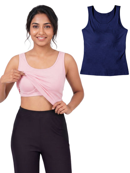 Pack of 2 | Soft & Supportive Fit for Daily Wear | Padded Tank Top For Women's Pink & Royal Blue | Dchica Essentials