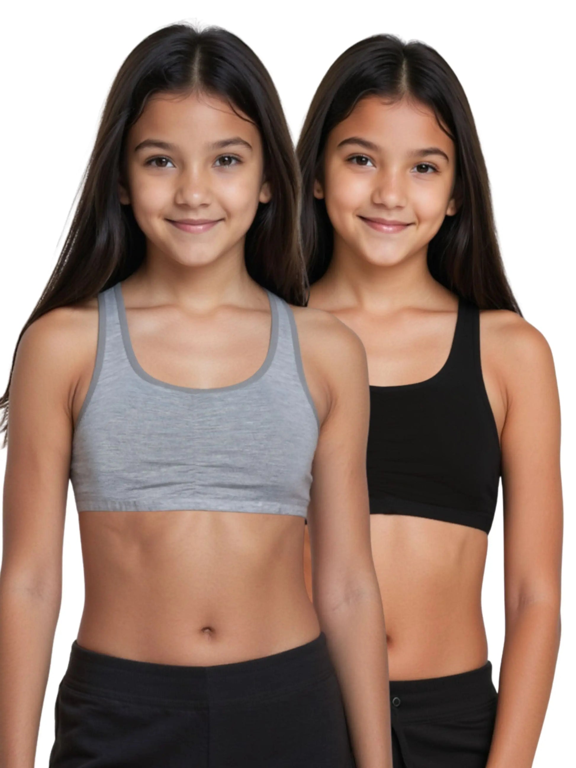 D'CHICA Essentials Broad Strap Cotton Gym Bra for Girls | Removable Pads | Elasticated Underbrand | Good Support | Full Coverage Pack of 2 | Grey & Black Sports Bra D'chica