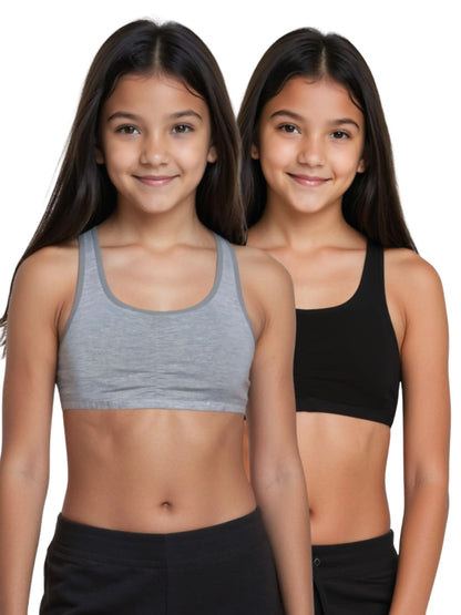 D'CHICA Essentials Broad Strap Cotton Gym Bra for Girls | Removable Pads | Elasticated Underbrand | Good Support | Full Coverage Pack of 2 | Grey & Black Sports Bra D'chica