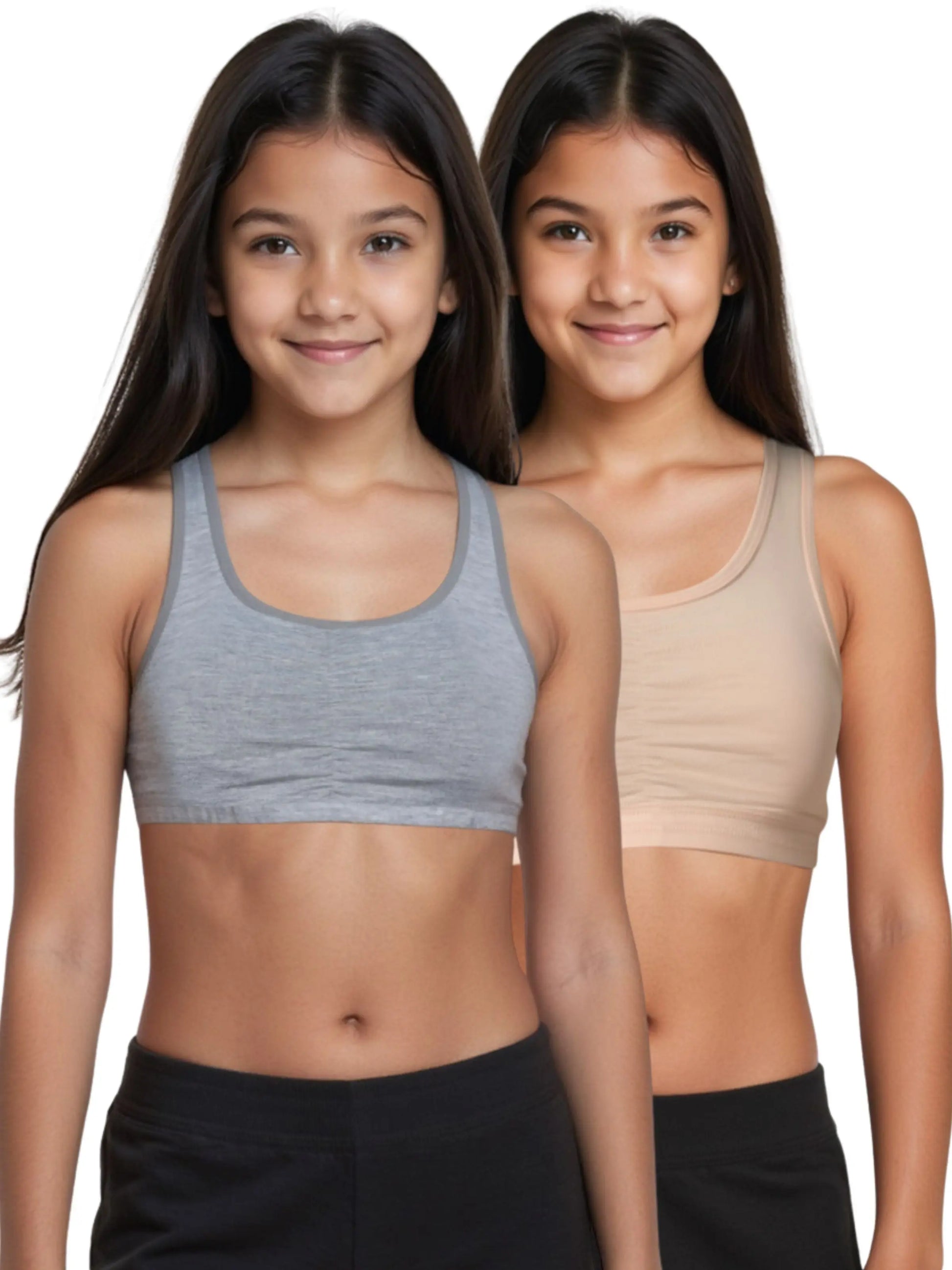 D'CHICA Essentials Broad Strap Cotton Gym Bra for Girls | Removable Pads | Elasticated Underbrand | Good Support | Full Coverage Pack of 2 | Grey & Skin Sports Bra D'chica