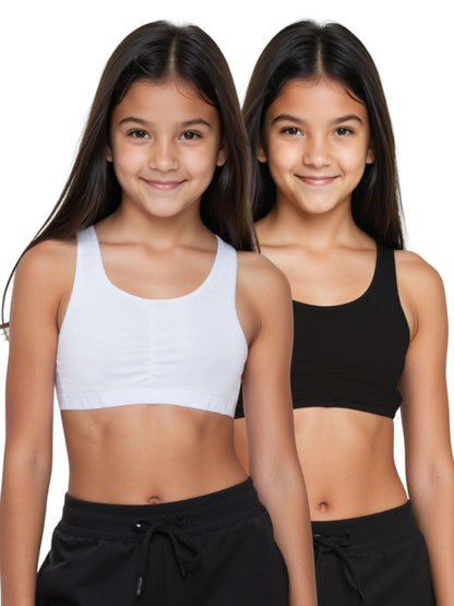 D'CHICA Essentials Broad Strap Cotton Gym Bra for Girls | Removable Pads | Elasticated Underbrand | Good Support | Full Coverage Pack of 2 | White & Black Sports Bra D'chica