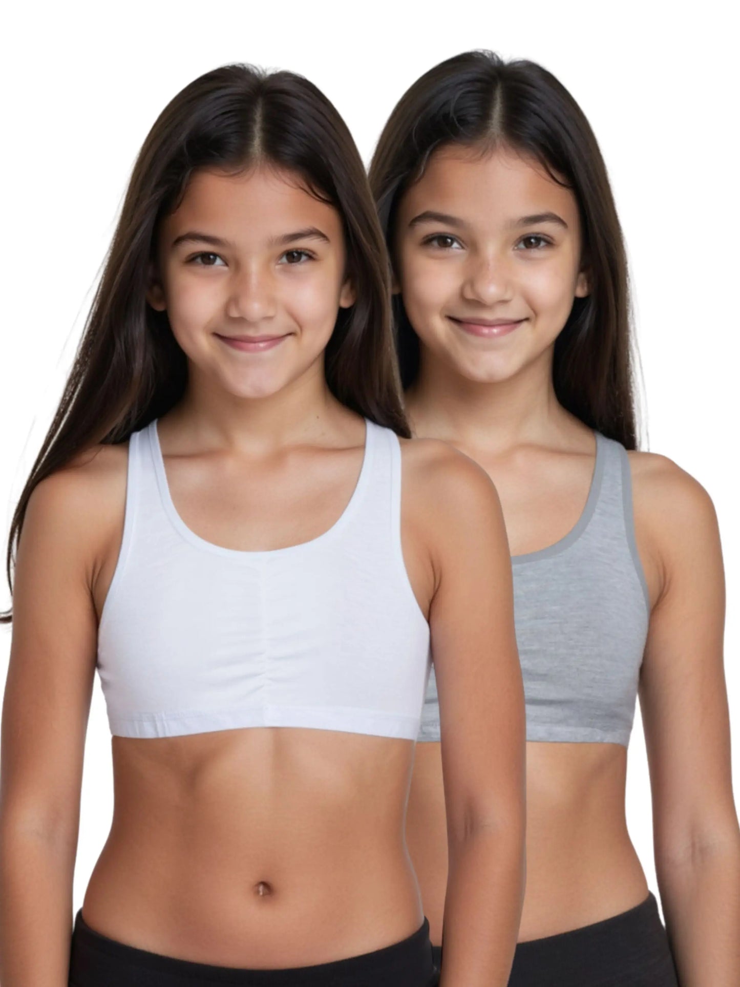 D'CHICA Essentials Broad Strap Cotton Gym Bra for Girls | Removable Pads | Elasticated Underbrand | Good Support | Full Coverage Pack of 2 | White & Grey Sports Bra D'chica