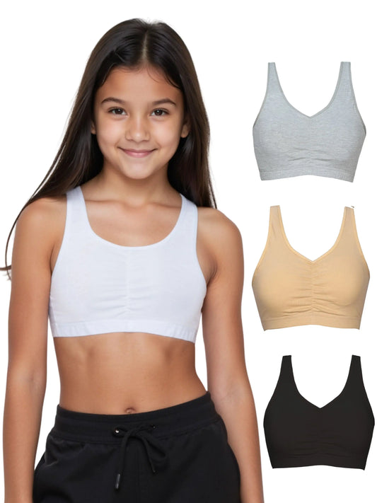 D'CHICA Essentials Broad Strap Cotton Gym Bra for Girls | Removable Pads | Elasticated Underbrand | Good Support | Full Coverage Pack of 4 | Multicolour Sports Bra D'chica