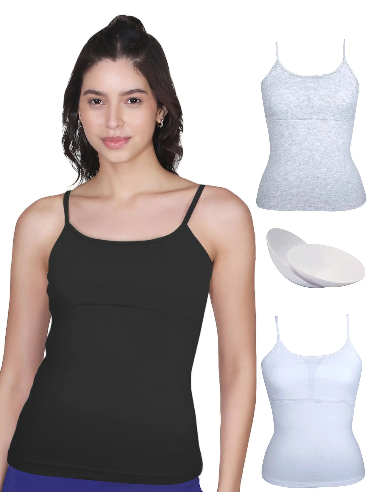 D'CHICA Essentials Cotton Padded Camisole Bra in High Coverage with Adjustable Straps - Grey, White & Black Pack-of-3 D'chica