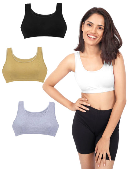 D'CHICA Essentials Double-Layer Broad Strap Cotton Sports Bra | Non-Padded | Unicorn Print & Solid D'chica